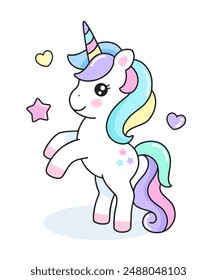 Cute cartoon standing unicorn vector illustration