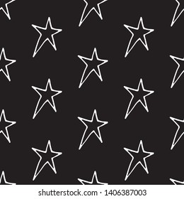 Cute cartoon star background with hand drawn stars. Sweet vector black and white star background. Seamless monochrome doodle star background for textile, wallpapers, wrapping paper, cards and web.