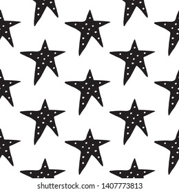 Cute cartoon star background with hand drawn stars. Sweet vector black and white star background. Seamless monochrome doodle star background for textile, wallpapers, wrapping paper, cards and web.