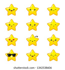 Cute cartoon star emoji set. Vector collection of different emoticons