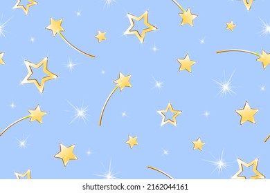 Estrella de dibujos animados y palo mágico sin fisuras sobre fondo rosado con destellos. 