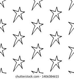 Cute cartoon star pattern with hand drawn stars. Sweet vector black and white star pattern. Seamless monochrome doodle star pattern for textile, wallpapers, wrapping paper, cards and web.