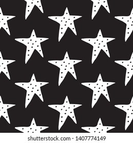 Cute cartoon star pattern with hand drawn stars. Sweet vector black and white star pattern. Seamless monochrome doodle star pattern for textile, wallpapers, wrapping paper, cards and web.