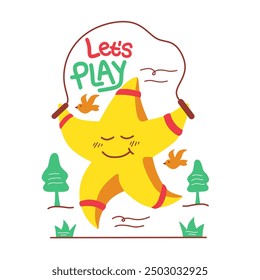 cute cartoon star playing jump rope illustration.vector star character and slogan let's play.concept for kids