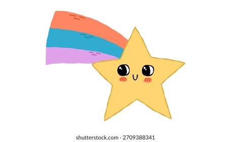 Estrela de desenho animado bonito com rabo de arco-íris e sorriso. Ilustração vetorial desenhada à mão em estilo bebê. Ilustração vetorial em um plano de fundo isolado.