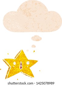 cute cartoon star with thought bubble in grunge distressed retro textured style