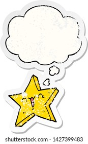 cute cartoon star with thought bubble as a distressed worn sticker