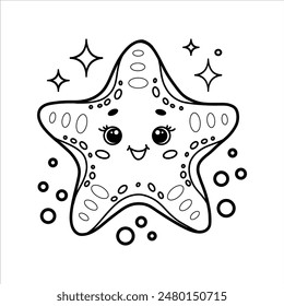 Cute cartoon starfish with bubbles. Black and white outline vector Illustration. Children's coloring book