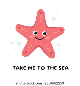 Cute Cartoon Starfish. Postkarte mit Sea-Star-Charakter. Vektorgrafik von Seestern. Kinder-Illustration im Cartoon-Stil. Meerestiere, Meereslebewesen. Kinder-Illustration im Cartoon-Stil. Flaches Design.