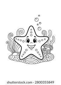 Cute Cartoon Starfish Resting on the Ocean Coloring Page for Kids. Simple Sea Animal Outline Illustration for Children.