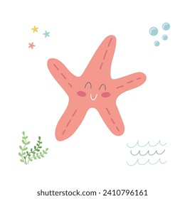 Cute cartoon starfish, sea star vector illustration. Sea life element. Marine animals in flat style on white background. 