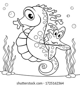 Cute cartoon starfish sitting on the seahorse. Black and white vector illustration for coloring book