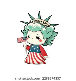 Cute cartoon statue of liberty with american flag. Vector.