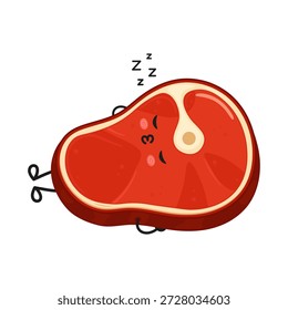 Personagem de bife de desenho animado bonito dormindo profundamente, retratando o relaxamento e uma pausa do contexto culinário habitual, apresentando símbolos zzz acima de sua face rubor e pernas e braços pequenos pretos