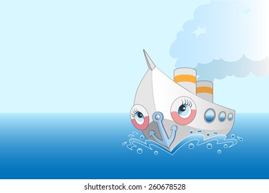 Cute cartoon steamer at sea