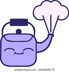 süßer Cartoon eines dampfenden Wasserkochers in heller Neonfarbe
