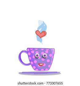 Cute cartoon steaming lilac cup with pink polka dots pattern, smilling face and heart. Vector illustration, icon, clip art, character.
