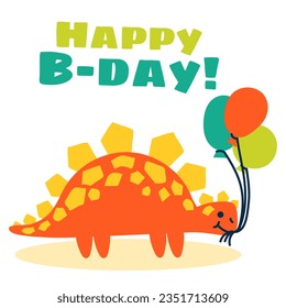 Cute cartoon stegosaurus with balloons. A flat illustration of a children's festive dinosaur. Happy Birthday concept. Vector animal character is perfect for greeting cards, sublimation printing