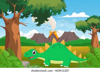 cute cartoon stegosaurus with volcano background