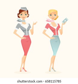 Cute cartoon stewardess holding airplane tickets. Vector flat style illustration.