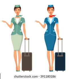 cute cartoon stewardess with suitcase. Young friendly air hostess in green or blue uniform. Isolated on white. Vector eps file.