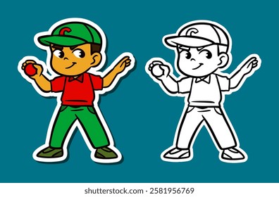 Cute Cartoon Sticker Illustration of a Cricket Player