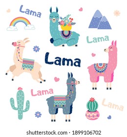 Cute cartoon sticker lama set with cactus rainbow vector design on white