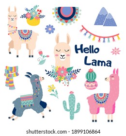 Cinta de emoticones de dibujos animados conjunto de lama con cactus arcoiris montañas diseño vectorial sobre blanco