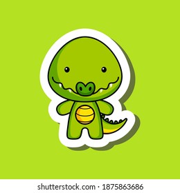 Cute cartoon sticker little crocodile. Mascot animal character design for for kids cards, baby shower, posters, b-day invitation, clothes. Colored childish vector illustration in cartoon style.