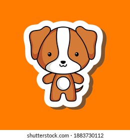 Cute cartoon sticker little dog. Mascot animal character design for for kids cards, baby shower, posters, b-day invitation, clothes. Colored childish vector illustration in cartoon style.