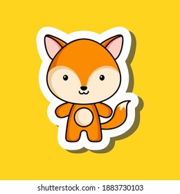 Cute cartoon sticker little fox. Mascot animal character design for for kids cards, baby shower, posters, b-day invitation, clothes. Colored childish vector illustration in cartoon style.