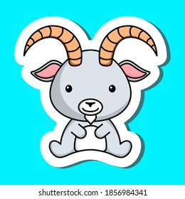 Cute cartoon sticker little goat logo template. Mascot animal character design of album, scrapbook, greeting card, invitation, flyer, sticker, card. Vector stock illustration.