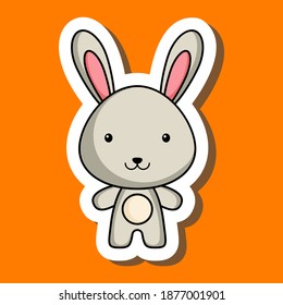 Cute cartoon sticker little hare. Mascot animal character design for for kids cards, baby shower, posters, b-day invitation, clothes. Colored childish vector illustration in cartoon style.