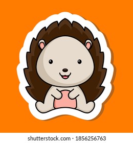 Cute cartoon sticker little hedgehog logo template. Mascot animal character design of album, scrapbook, greeting card, invitation, flyer, sticker, card. Vector stock illustration.