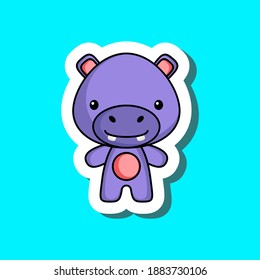 Cute cartoon sticker little hippo. Mascot animal character design for for kids cards, baby shower, posters, b-day invitation, clothes. Colored childish vector illustration in cartoon style.