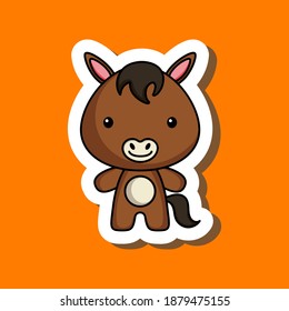 Cute cartoon sticker little horse. Mascot animal character design for for kids cards, baby shower, posters, b-day invitation, clothes. Colored childish vector illustration in cartoon style.