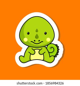 Cute cartoon sticker little iguana logo template. Mascot animal character design of album, scrapbook, greeting card, invitation, flyer, sticker, card. Vector stock illustration.