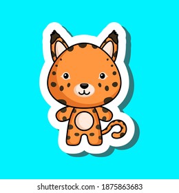 Cute cartoon sticker little lynx. Mascot animal character design for for kids cards, baby shower, posters, b-day invitation, clothes. Colored childish vector illustration in cartoon style.
