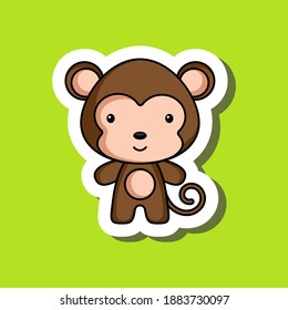 Cute cartoon sticker little monkey. Mascot animal character design for for kids cards, baby shower, posters, b-day invitation, clothes. Colored childish vector illustration in cartoon style.
