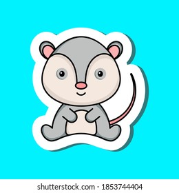 Cute cartoon sticker little opossum logo template. Mascot animal character design of album, scrapbook, greeting card, invitation, flyer, sticker, card. Vector stock illustration.