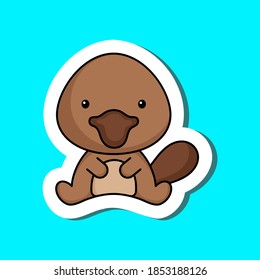 Cute cartoon sticker little platypus logo template. Mascot animal character design of album, scrapbook, greeting card, invitation, flyer, sticker, card. Vector stock illustration.