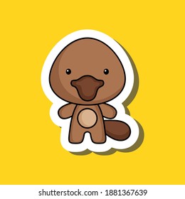 Cute cartoon sticker little platypus. Mascot animal character design for for kids cards, baby shower, posters, b-day invitation, clothes. Colored childish vector illustration in cartoon style.