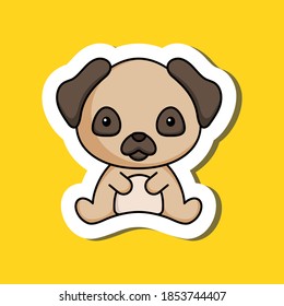 Cute cartoon sticker little pug dog  logo template. Mascot animal character design of album, scrapbook, greeting card, invitation, flyer, sticker, card. Vector stock illustration.