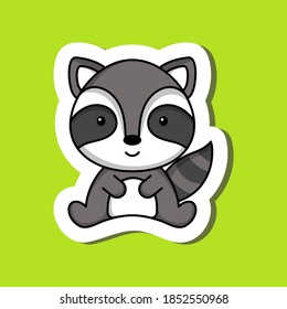 Cute cartoon sticker little raccoon logo template. Mascot animal character design of album, scrapbook, greeting card, invitation, flyer, sticker, card. Vector stock illustration.