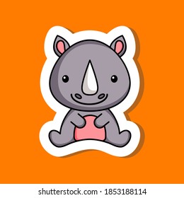 Cute cartoon sticker little rhino  logo template. Mascot animal character design of album, scrapbook, greeting card, invitation, flyer, sticker, card. Vector stock illustration.