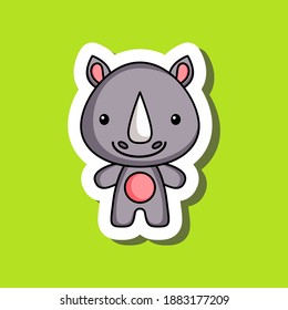 Cute cartoon sticker little rhino. Mascot animal character design for for kids cards, baby shower, posters, b-day invitation, clothes. Colored childish vector illustration in cartoon style.