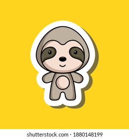 Cute cartoon sticker little sloth. Mascot animal character design for for kids cards, baby shower, posters, b-day invitation, clothes. Colored childish vector illustration in cartoon style.