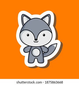 Cute cartoon sticker little wolf. Mascot animal character design for for kids cards, baby shower, posters, b-day invitation, clothes. Colored childish vector illustration in cartoon style.