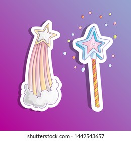 Cute cartoon sticker magic wand and launching star, falling star, cartoon girl fashion illustration. Cute vector illustration of star and magic wand for little girl and princess