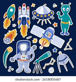 Cute cartoon sticker set about space, astronomy for planners, notebooks. Ready for print list of childish stickers with clipart of astronaut, asteroid, spaceship, satellite, alien. Diary decoration.